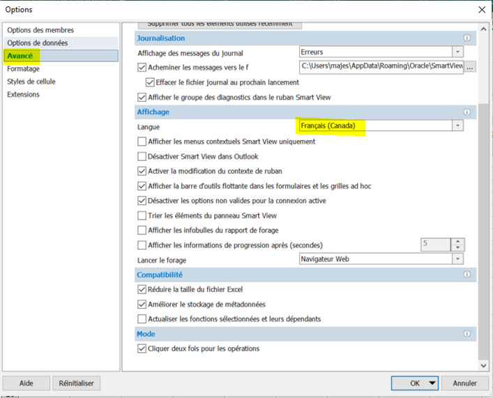 Sélection de la fenêtre de langue Smart View dans Excel